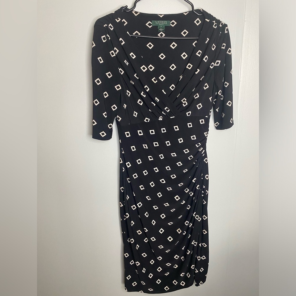 Ralph Lauren Lauren Faux Wrap Ruffle Black Diamond Print 1/2 Sleeve Dress Size 2